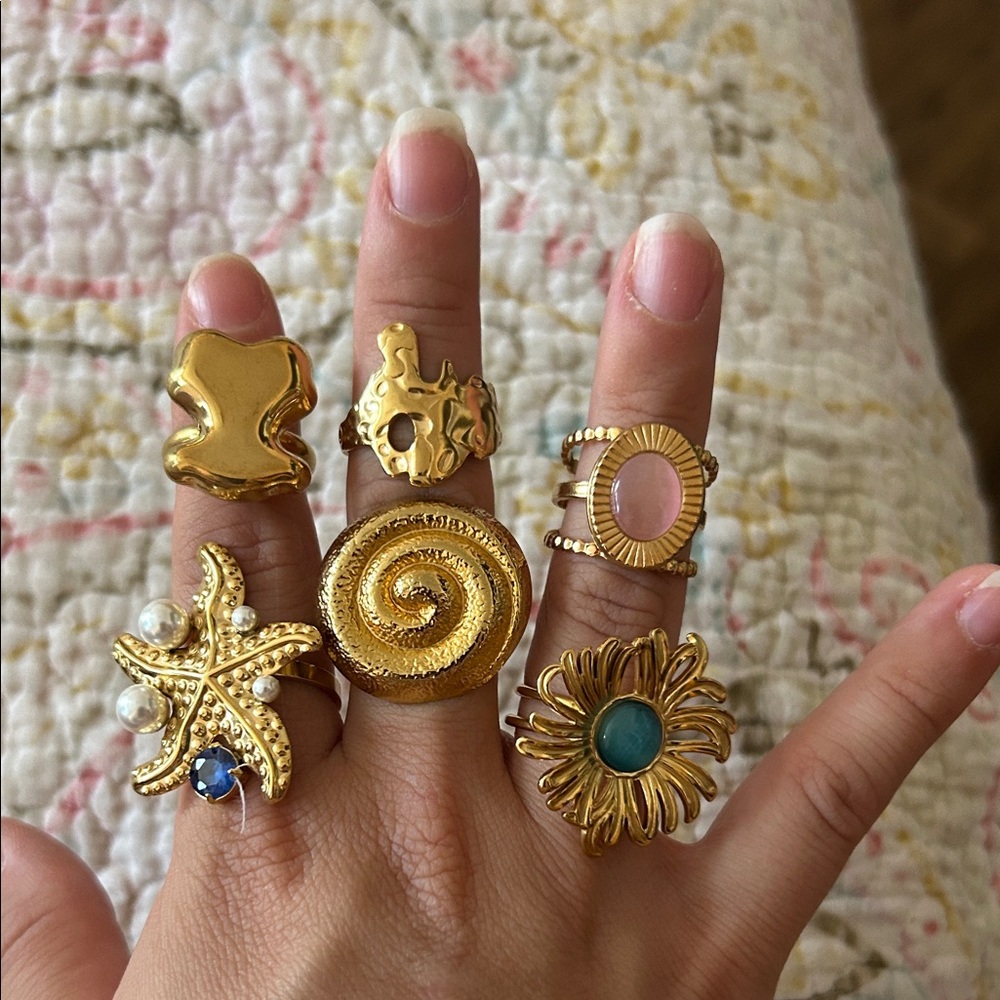 Gold Tone Statement Ring Set with Turquoise and Pearl Accents